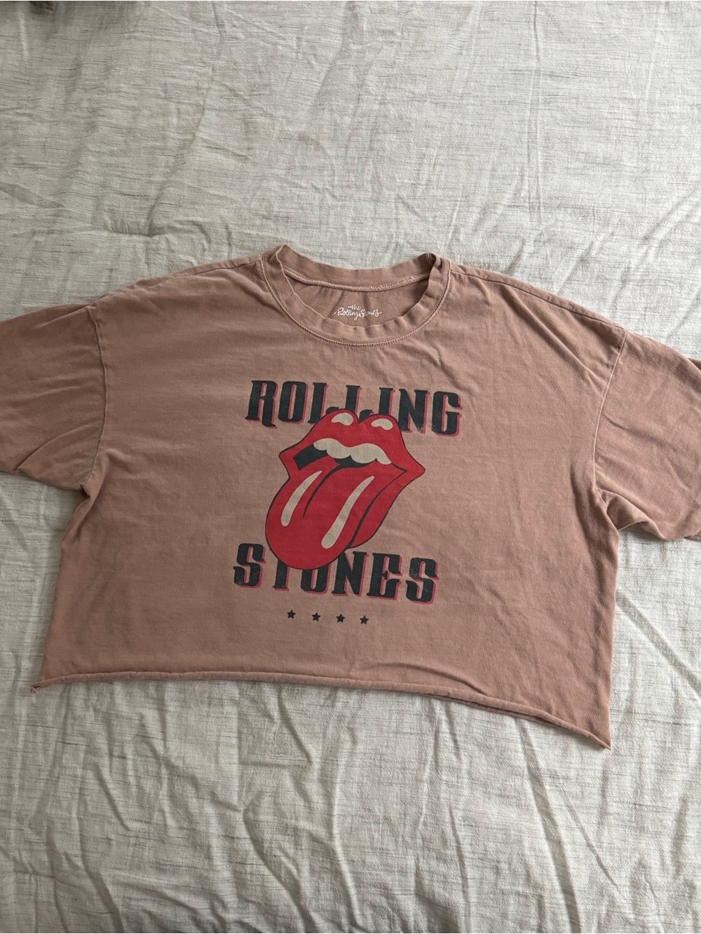 The Rolling Stones Tan Graphic Crop Tee with Red Tongue Logo